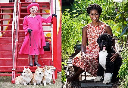 Мишель Обама и её четвероногий друг пес черно- белый «Бо». 